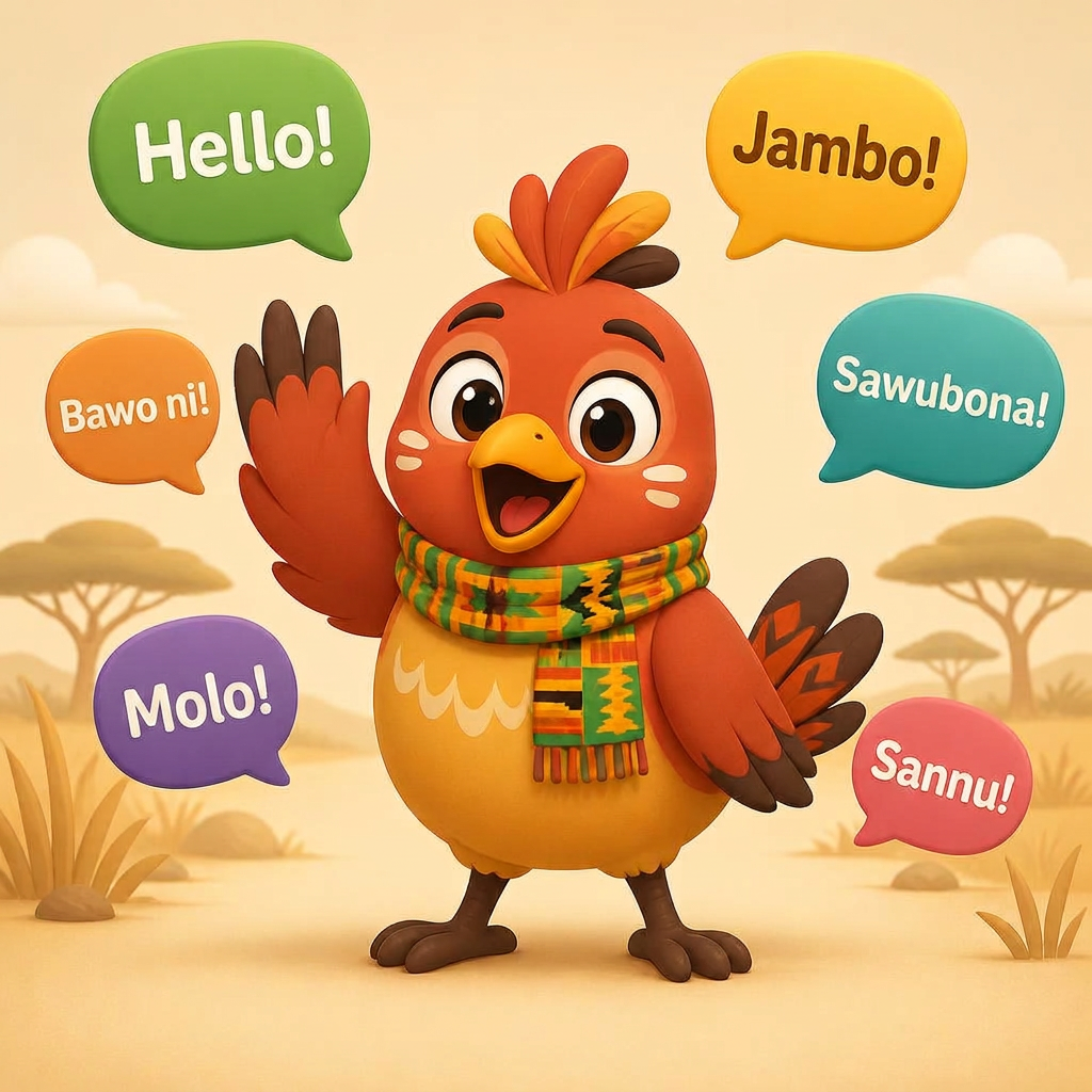 The SemaSoma mascot bird in a kente scarf, waving beside speech bubbles greeting you in Swahili, Zulu, Xhosa, Yoruba and Hausa